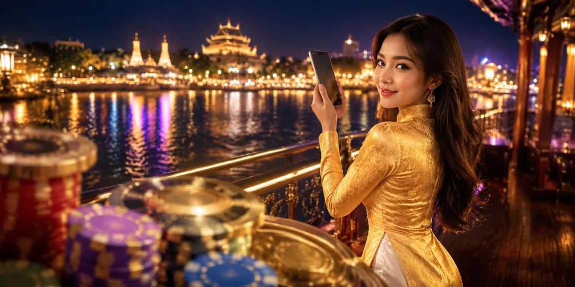 Người dùng mặc áo dài trải nghiệm casino di động tại Huế